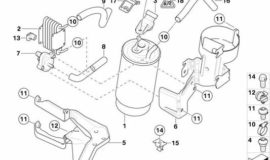 Suporte à geladeira de combustível OEM 13327792138 para BMW E46. BMW original.
