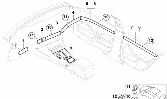 Fondo consola central OEM 51167047858 para BMW E39 520d, 520i {todos los modelos compatibles}. Acabado madera Muschelahorn. Repuesto original BMW.