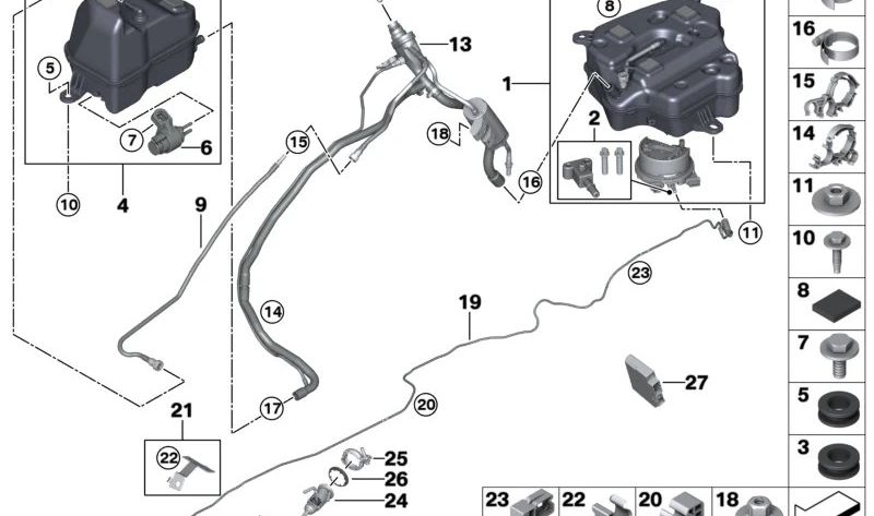 Depósito de AdBlue activo OEM 16199488147 para BMW G30, G31, G32. Compatible con 530d, 530d xDrive, 540d xDrive. Original BMW.
