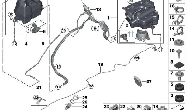 Depósito de AdBlue activo OEM 16199488147 para BMW G30, G31, G32. Compatible con 530d, 530d xDrive, 540d xDrive. Original BMW.