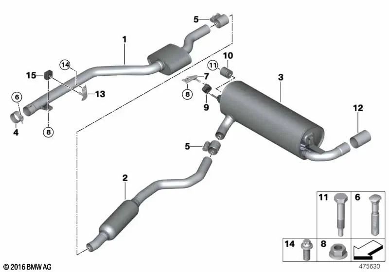 Central silencer for BMW F20N, F21N, F22, F22N, F23, F23N (OEM 18308632568). Genuine BMW.