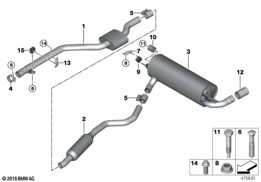 Central silencer for BMW F20N, F21N, F22, F22N, F23, F23N (OEM 18308632568). Genuine BMW.