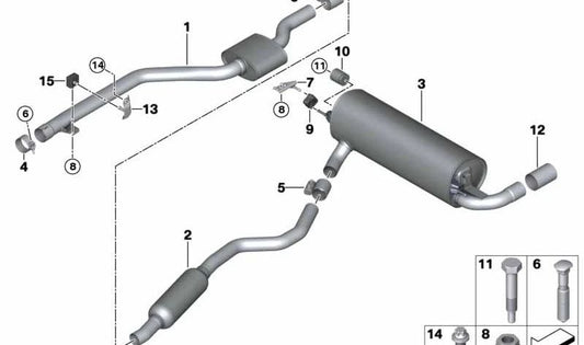 Silenciador delantero OEM 18308632570 para BMW F30, F31. Compatible con modelos 318i de 2015 a 2019. Pieza original BMW.