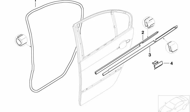 Burlete puerta trasera izquierda OEM 51348194697 para BMW E46 (316i AL11, AL12, AL21, AL22, AL51, AN72, AN82, AY11, AY31, AY32). Original BMW.