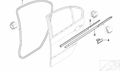 Burlete puerta trasera izquierda OEM 51348194697 para BMW E46 (316i AL11, AL12, AL21, AL22, AL51, AN72, AN82, AY11, AY31, AY32). Original BMW.