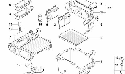 Front Center Armrest Compartment for BMW X5 E70, X6 E71, E72 (OEM 51169115082). Original BMW