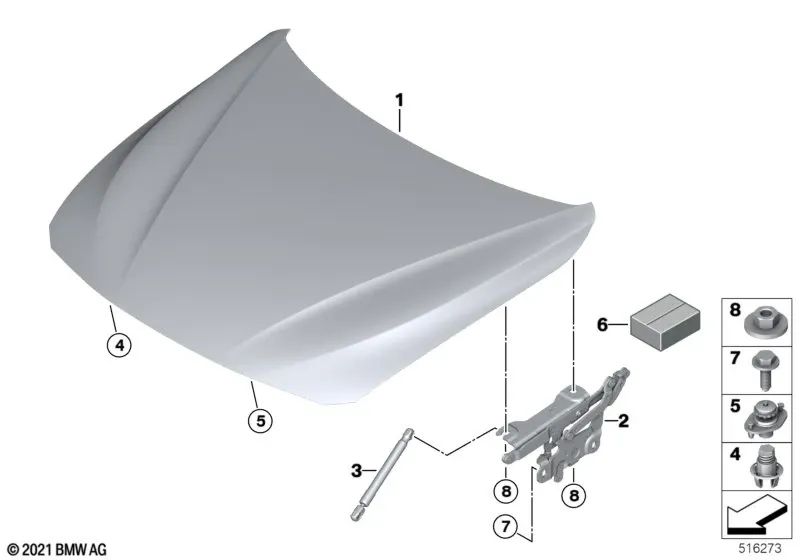 Assorbitore di shock a gas per cappuccio anteriore per BMW Serie 1 F20, F21, Serie 2 F22, F23, F87, Serie 3 F30, F31, F34, F35, Serie 4 F32, F33, F36 (OEM 51237239233). BMW originale.