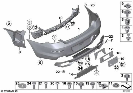 Revestimiento parachoques trasero imprimado para BMW F06, F12, F13 (OEM 51127261575). Original BMW.