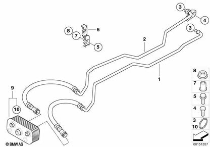 Transmission Oil Cooler Return Line for BMW X3 E83N (OEM 17223452398). Original BMW