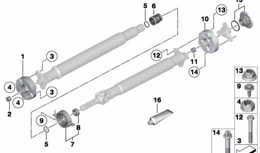 Soporte central del eje de transmisión en aluminio OEM 26128662826 para BMW F34 325d, 335i (modelos detallados). Pieza original BMW.