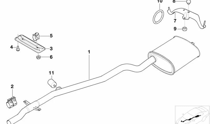 Silenciador trasero OEM 18307785949 para BMW Serie 5 E39 520d. Compatible con modelos DR71 con motor M47 y tracción trasera (2000-2003). Parte original del sistema de escape. Original BMW.