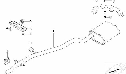 Silenciador trasero OEM 18307785949 para BMW Serie 5 E39 520d. Compatible con modelos DR71 con motor M47 y tracción trasera (2000-2003). Parte original del sistema de escape. Original BMW.