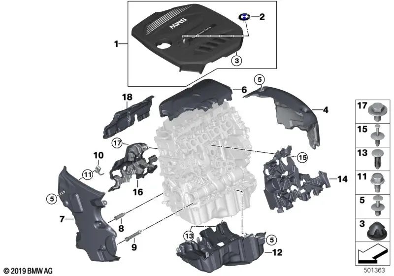 Rear acoustic cover for BMW 5 Series G30, G30N, G31, 7 Series G11, G12, X3 G01, G01N, X4 G02, G02N (OEM 11148573146). Original BMW