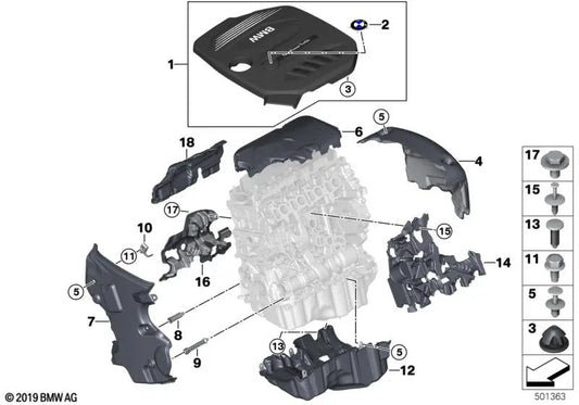 Rear acoustic cover for BMW 5 Series G30, G30N, G31, 7 Series G11, G12, X3 G01, G01N, X4 G02, G02N (OEM 11148573146). Original BMW