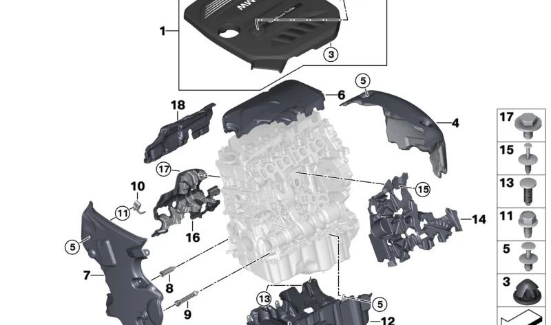 Espuma acústica motor OEM 11148490413 para BMW F20, F21, F22, F23, F30, F31, F34, F32, F33, F36, F10, F11, G30, G31, G11, G12, F25, G01, F26, G02, F15. Original BMW.