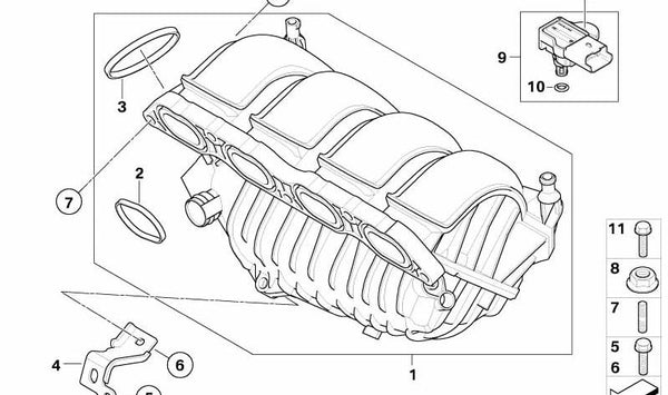 Colector de admisión OEM 11617605733 para MINI R55, R56 (One, N12) con cambio manual o automático. Modelos fabricados entre 2007 y 2010. Recambio original MINI.