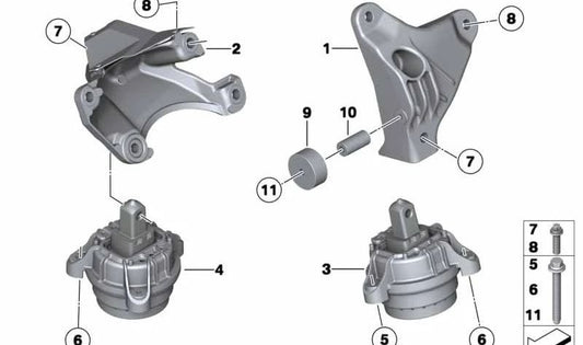 Supporto del motore destro per BMW F10, F11, F18, F02N (OEM 22116775914). BMW originale.