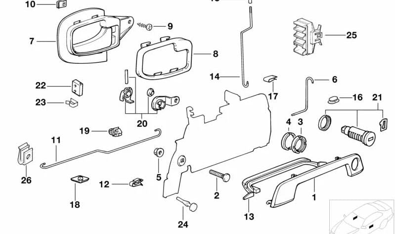 Barra de activación derecha OEM 51218223640 para BMW E36 316i (todos los modelos: CA11, CA12, CA21, CA22, CA71, CA72, CA81, CA82, CE11, CE12). Original BMW.
