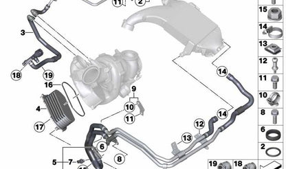Junta del sistema de refrigeración del turbo OEM 17518515017 para BMW Serie 5 F10, F11, Serie 7 F01, F02, X5 F15, X6 F16... y más. Original BMW.