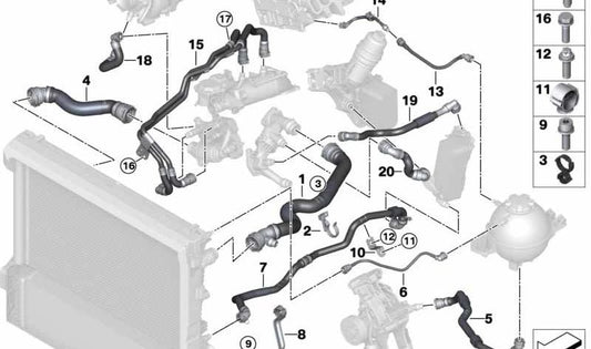 Manguera del vaso de expansión OEM 17128577058 para BMW X3 G01, G01N y X4 G02, G02N. Repuesto original BMW.