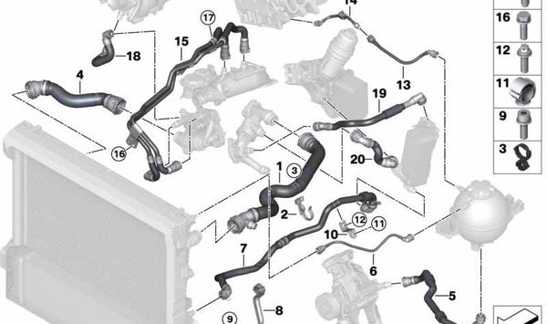 Manguera del vaso de expansión OEM 17128577058 para BMW X3 G01, G01N y X4 G02, G02N. Repuesto original BMW.