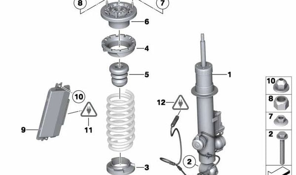 Amortiguador trasero izquierdo OEM 37126856985 para BMW F10 y F06 (M550d xDrive, 650i xDrive). Compatible con versiones de tracción total y trasera. Repuesto original BMW.