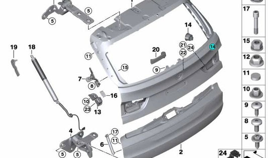 Bisagra superior izquierda del portón trasero OEM 41007378127 para BMW F15 y F85. Repuesto original BMW.
