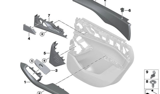 Interior Embelador da porta direita OEM 51429892668 para BMW U06. Compatível com todos os modelos BMW 2 Touller U06 ativo. BMW original de cor preta.