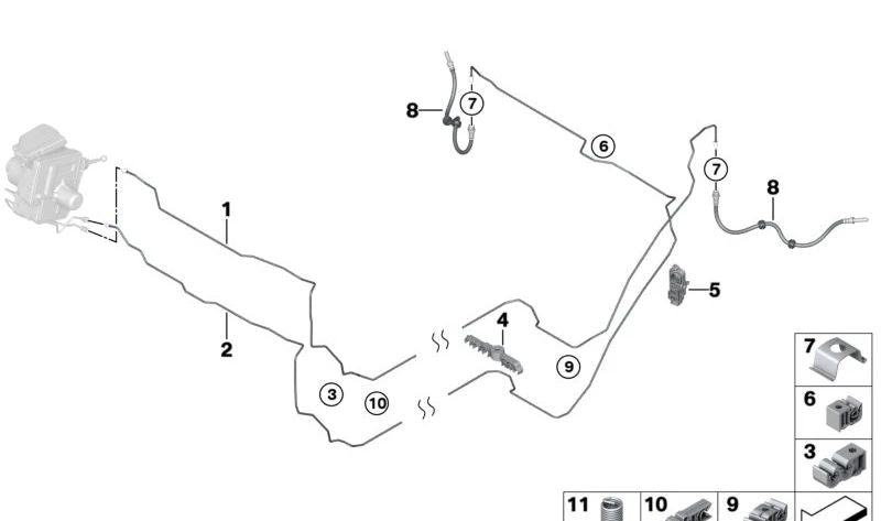 Tubería de freno trasera OEM 34308838539 para BMW U06 y MINI U25. Recambio original BMW y MINI.