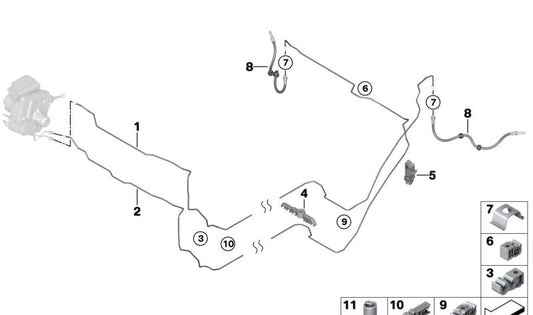 Tubería de freno trasera OEM 34308838539 para BMW U06 y MINI U25. Recambio original BMW y MINI.