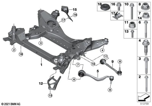 Soporte eje delantero OEM 31106891262 para BMW X3 G01, X3 G01 LCI, X4 G02, X4 G02 LCI. Original BMW.