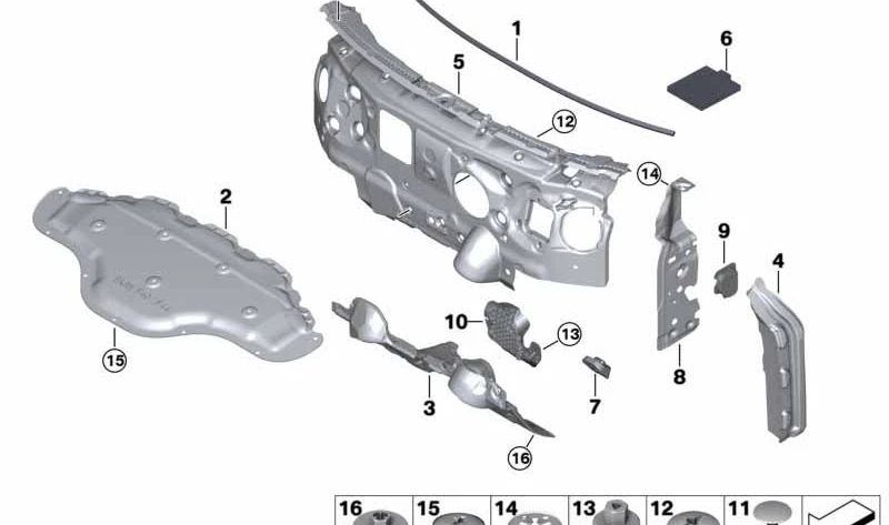 Lower Front acoustic insulator OEM 51487298868 for BMW F40, F52, F44, F45, F45N, F46, F46N, F48, F48N, F49, F49N, F39 and MINI F54, F54N, F55, F55N, F56, F56N, F56N, F5 F60, F60N. Original BMW and Mini.
