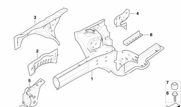 Viga de apoyo pasarrueda interior derecho OEM 41137035270 para MINI R50, R52, R53. Original MINI.