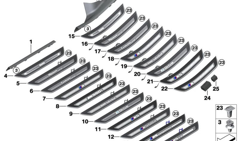 Moldura de entrada iluminada trasera izquierda OEM 51477390225 para BMW Serie 5 G38. Original BMW.