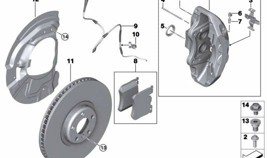 Pinza de freno izquierda OEM 34117847241 para BMW X5 E70, F15 y X6 E71, F16. Compatible con motores N47T, N55, N57T, S63. Original BMW.