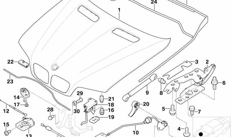 Mecanismo apertura capó delantero OEM 51238402614 para BMW E53 (X5). Repuesto original BMW.