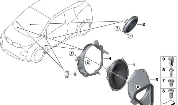 Conducto de sonido altavoz derecho OEM 65139295048 para BMW i3 (I01, I01N). Guía de sonido del altavoz delantero derecho. Pieza original BMW.
