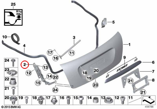 Bcharnière droite de couvercle de coffre OEM 41002758376 pour MINI Cabrio R57, R57 LCI Cooper, Cooper D... et plus. Original MINI.