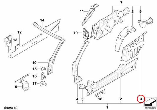 Refuerzo interior pilar B derecho OEM 41007179558 para BMW E93. Original BMW.