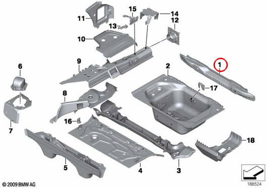 Travessa traseira do piso do porta-malas OEM 41007225102 para BMW E89. BMW genuíno.