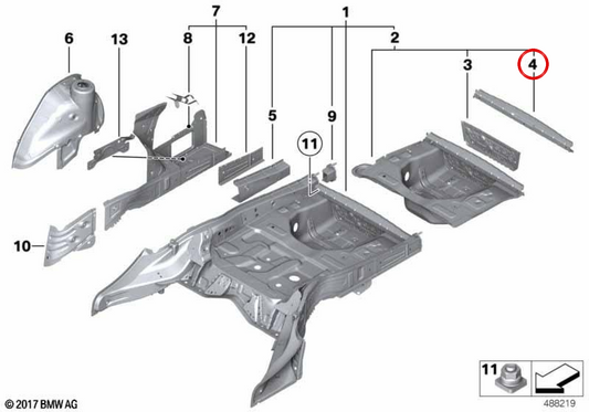 Travesaño suelo maletero trasero OEM 41007262818 para BMW F10, F18, F06, F12, F13. Original BMW.