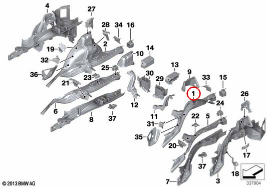 Guarnição interna do arco da roda traseira esquerda OEM 41007297873 para BMW F30, F31, F35, F80, F32, F36, F82. BMW genuíno.