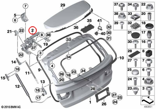 Linkes Scharnier OEM Hintertor 41007298069 für BMW F31. Original BMW.