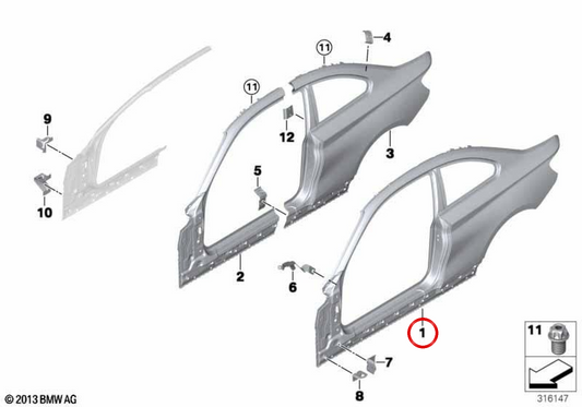 Structure extérieure latérale gauche OEM 41007342125 pour BMW F22, F23. BMW d'origine.