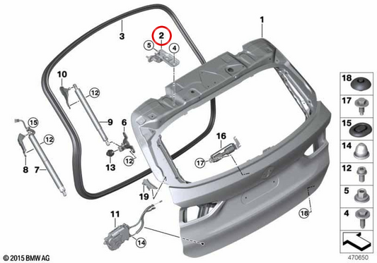 Bisagra izquierda del portón trasero OEM 41007350829 para BMW F48, F49. Original BMW.