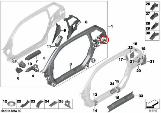 Untere rechte Unterstützung von Pilar D OEM 41007355402 für BMW i3 (I01). Original BMW.