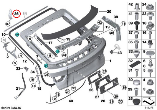 Suporte amortecedor da porta traseira direita OEM 41007378118 para BMW F36. BMW genuíno.