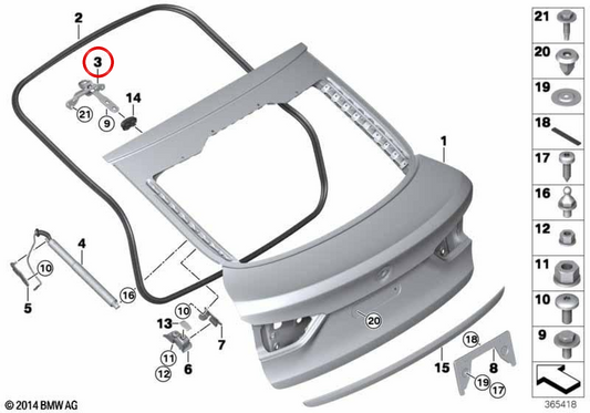 Bisagra del portón trasero derecha OEM 41007387532 para BMW F16, F86. Original BMW.