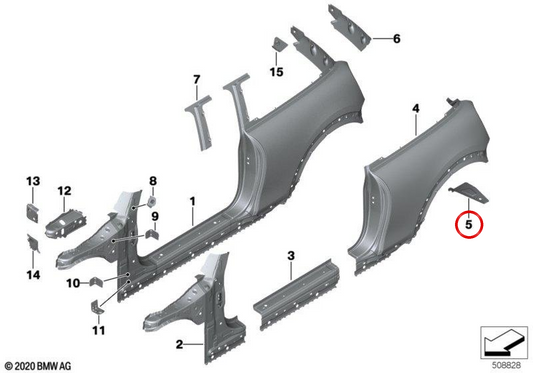 Piastra di chiusura passaruota sinistro OEM 41007387967 per MINI F56, F56 LCI, F56 BEV, F66, Cabrio F57... e altro ancora. MINI originale.