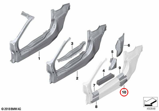 Refuerzo inferior derecho del umbral de puerta OEM 41007393534 para BMW I12, I15. Original BMW.